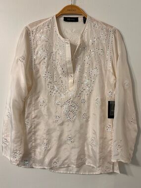 100% SILK IDENTITY WHITE TUNIC LIGHTWEIGHT EMBELLISHED TOP ✨